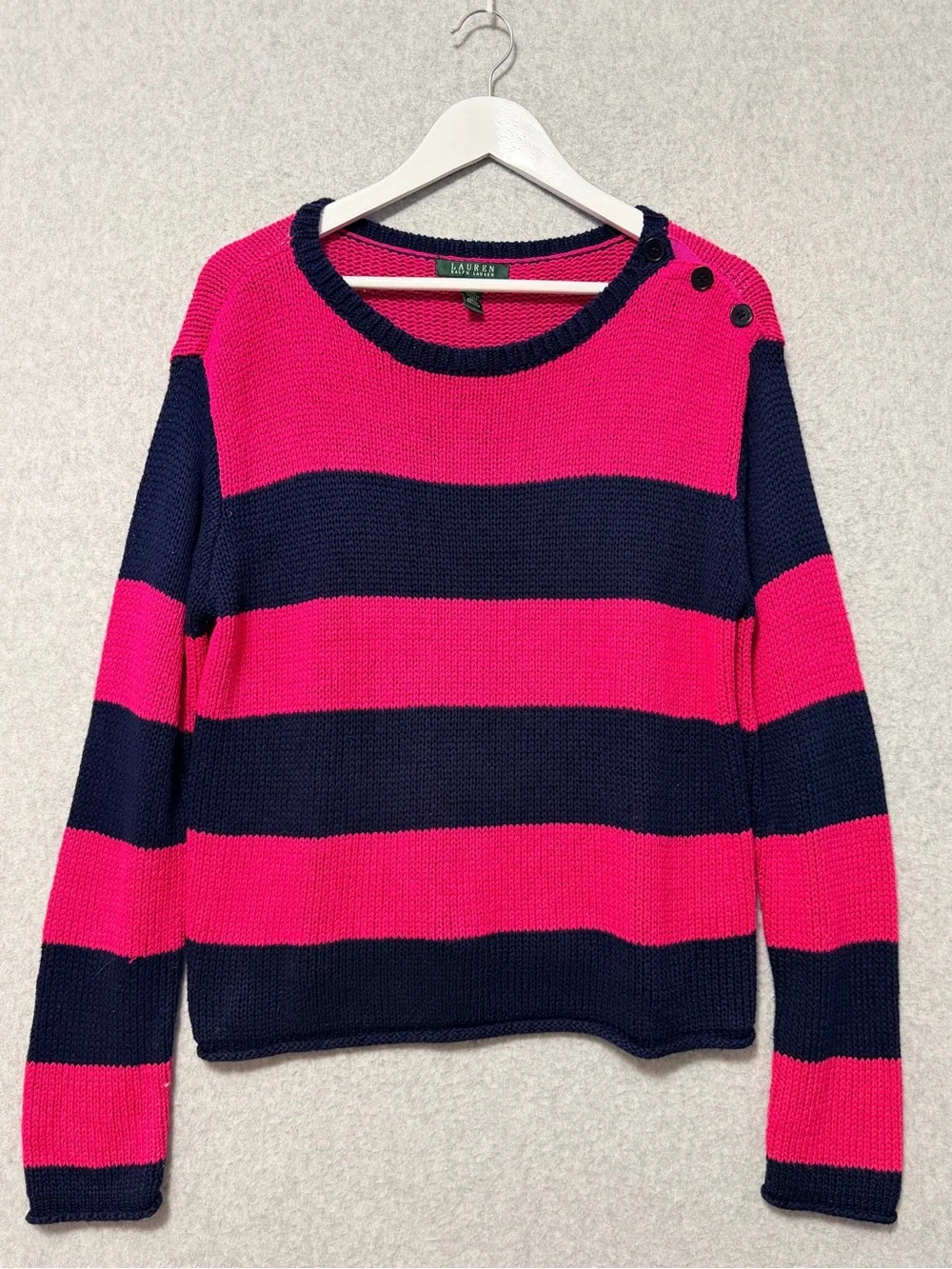 Lauren Ralph Lauren Bold Stripe Sweater Size XL Pink Navy Button Shoulder Preppy